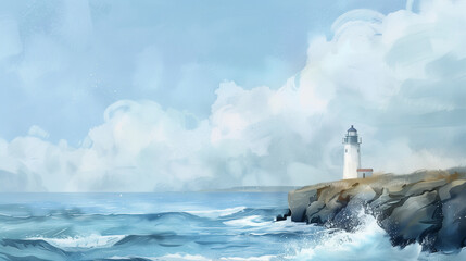 Lighthouse on a Rocky Coast: A majestic lighthouse stands tall against a dramatic sky, its white beacon a symbol of hope and guidance amidst the crashing waves and stormy clouds. The rugged coastline 