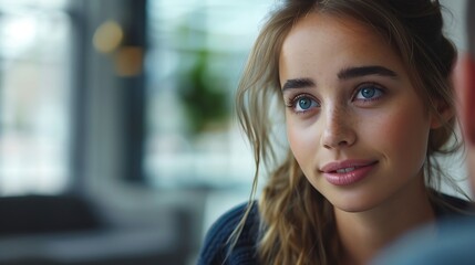 A close-up photograph of an interview feedback session, focus on the interviewer's thoughtful expression and the candidate's attentive listening, modern office with minimalist decor,