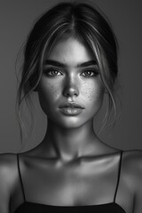 Fashion BW close-up photo of young beautiful woman with freckles