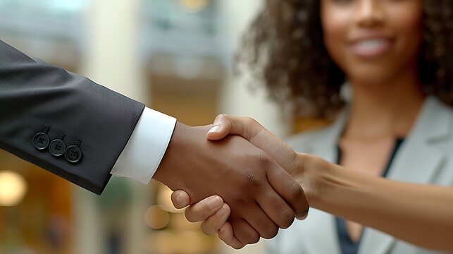 A close-up photograph of an interview, highlighting the candidate's firm handshake and strong eye contact, both participants in professional attire, modern office setting with subtle background blur,