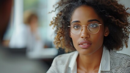 Fototapeta premium A close-up photograph of an interview scene, focus on the candidate's attentive expression and the interviewer's professional demeanor, office setting with clean lines and modern aesthetics,