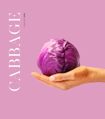 Creative layout made of a hand holding a purple cabbage on the purple background. Food concept....