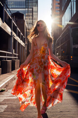 Fashionable woman wearing a modern vibrant, flowing dress with floral patterns, standing in a sunlit urban environment.