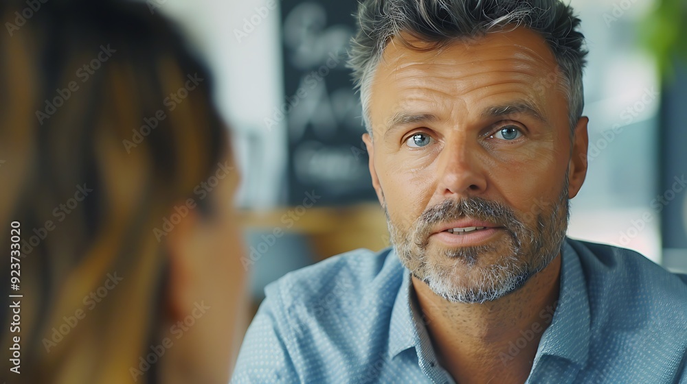 Poster A dynamic close-up shot of an interview, showing the candidate's attentive posture and nodding in agreement, interviewer with a thoughtful expression, modern office decor blurred in the background,