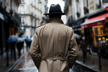 Obraz premium Man in a classic trench coat and fedora, walking through a rainy city street.