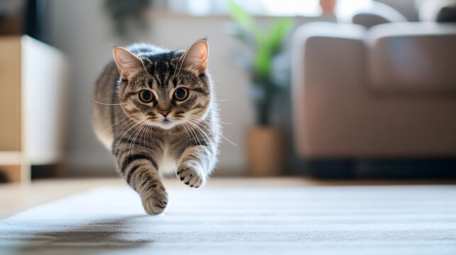 Playful cat chasing a laser pointer across the living room floor