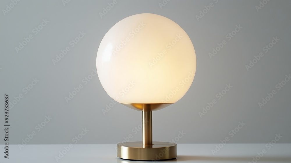 Poster modern round lamp with a soft glow on a minimalist table against a gray background