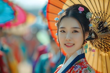 Portrait of a North Korean Woman in Traditional Attire Celebrating a Festival Outdoors. Capturing the Beauty and Pride of North Korean Culture During a Joyous Occasion. A Reflection of Ethnic Heritage