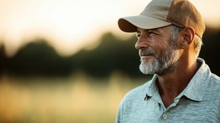 This outdoor photograph depicts an individual wearing a cap and a polo shirt, standing in a field under a serene sky, capturing a moment of casual outdoor activity.