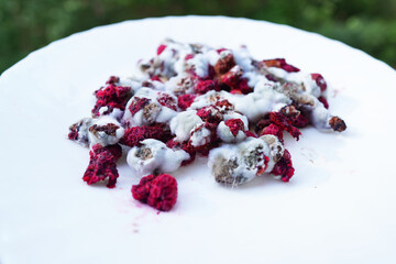 Mold berry. The raspberry is covered with mold