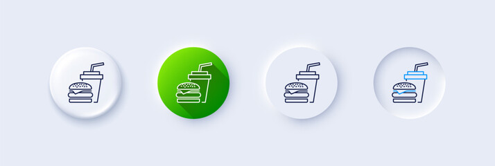 Hamburger with drink line icon. Neumorphic, Green gradient, 3d pin buttons. Fast food restaurant sign. Hamburger or cheeseburger symbol. Line icons. Neumorphic buttons with outline signs. Vector