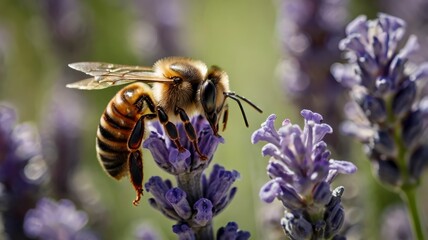 Bee on lavender flower, close-up view 