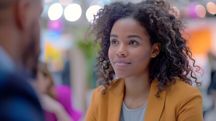 Fototapeta premium A side-angle shot of a career fair interview, candidate presenting a resume to a recruiter, lively background with various booths and attendees, colorful and engaging atmosphere, ambient lighting,