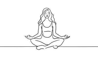 Woman sitting in meditation continuous line art drawing isolated on white background. Concentration line art drawing. Vector illustration