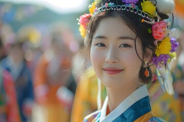 Fototapeta premium Portrait of a North Korean Woman in Traditional Attire Celebrating a Festival Outdoors. Capturing the Beauty and Pride of North Korean Culture During a Joyous Occasion. A Reflection of Ethnic Heritage