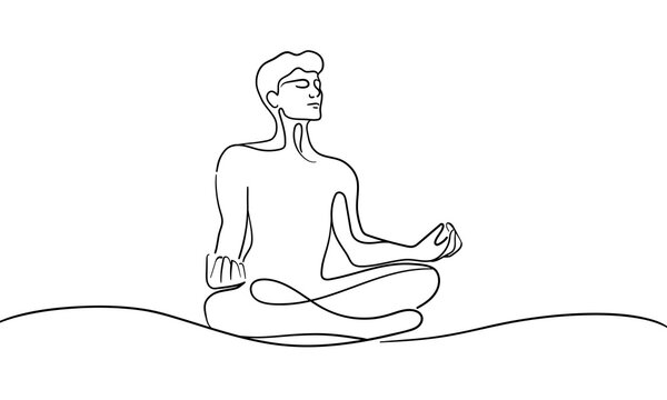 Man sitting in meditation continuous line art drawing isolated on white background. Concentration line art drawing. Vector illustration