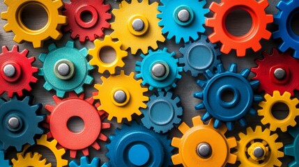 Artistic representation of teamwork using interlocking gears in bright, contrasting colors