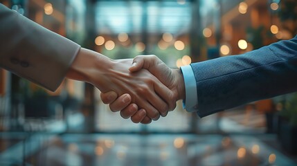 An image of a handshake introduction, interviewer and candidate in business attire, meeting in a sleek office with a glass wall, view of the bustling office outside, clean and modern environment,