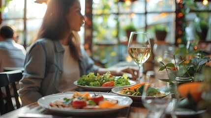 An image of a relaxed business lunch interview setting, interviewer and candidate in casual clothing, meeting at a restaurant table with elegant place settings and delicious food,