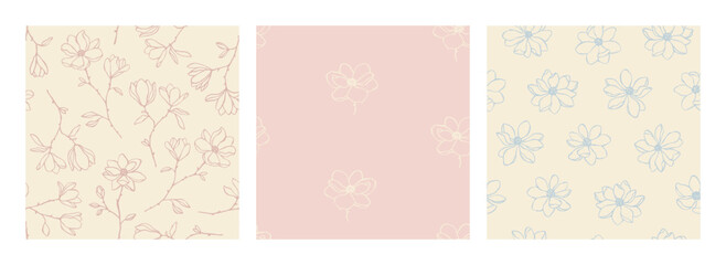 Hand drawn set of vector seamless patterns with magnolia flowers in pastel color. Elegant floral background for textile, cover, print. Endless pattern with charming line art flowers. Cute illustration