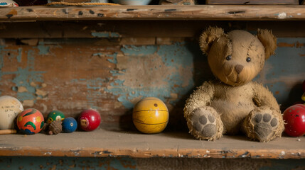Teddy's Timeless Shelf: A well-loved teddy bear sits patiently amidst vintage toys on a weathered shelf, evoking a sense of nostalgia and childhood memories.