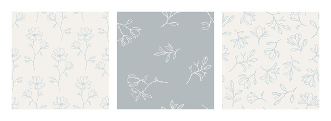 Set of vector seamless patterns with elegant line art magnolia flowers, branches and buds in pastel colors. Hand drawn lovely botanical background for wrapping and textile. Linear floral patterns