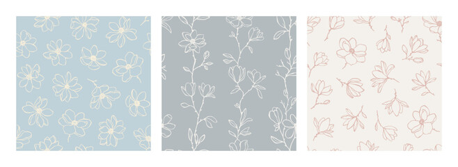 Set of vector seamless patterns with elegant line art magnolia flowers, branches and buds in pastel colors. Hand drawn lovely botanical background for wrapping and textile. Linear floral patterns © simpleblues