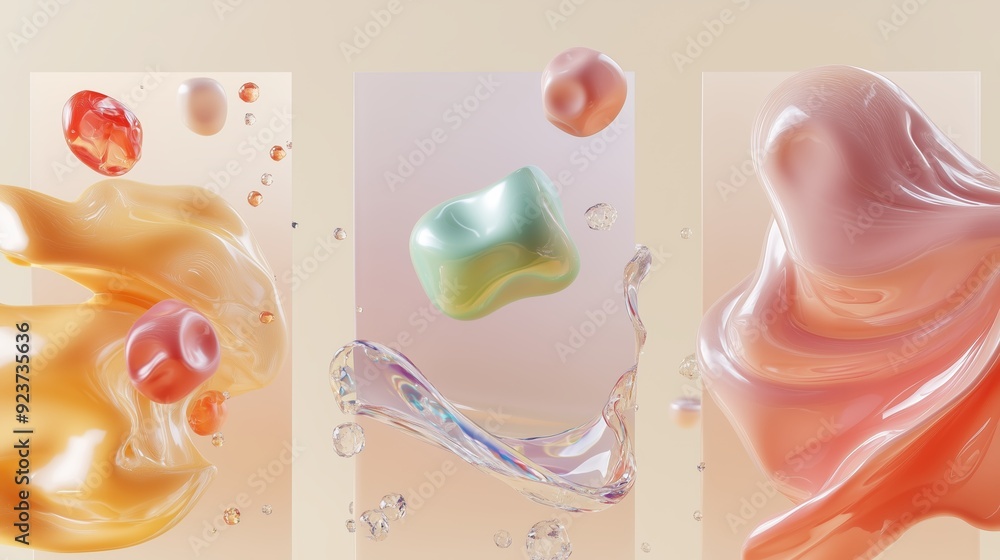 Poster colorful abstract shapes and droplets blend in a soft background, showcasing fluid motion and textur