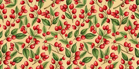 Seamless pattern featuring red berries , fruit, botanical, nature, repetitive, decorative, vibrant, organic, background