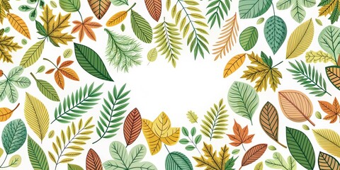 Whimsical and organic pattern featuring various types of leaves, nature, foliage, greenery, botanical, seamless, background