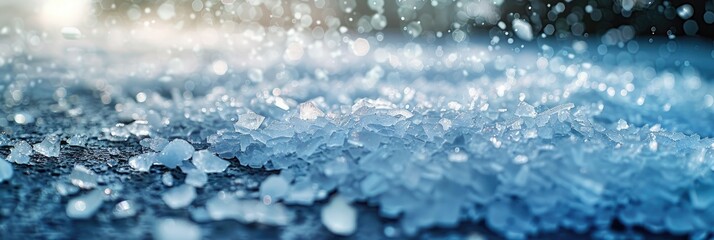 Salt grains scattered on frozen pavement to reduce hazards in snowy conditions. Close-up of salt crystals against a picturesque winter backdrop.
