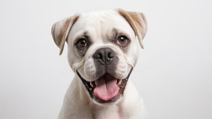 Fototapeta premium Portrait of White boxer dog on grey background