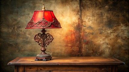 Vintage-inspired, distressed red lamp with ornate metalwork and ornamental font, placed on a worn wooden desk against a muted, earthy-toned background.