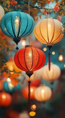 Traditional Indian lanterns in vibrant colors, hanging outdoors, warm evening glow
