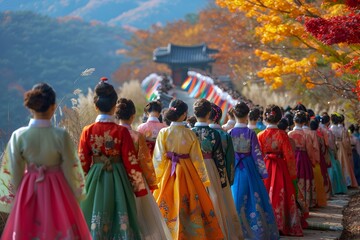 Fototapeta premium Crowd Celebrating North Korean Ethnic Culture on the Streets in Traditional Attire. A Vibrant and Joyful Display of Cultural Heritage and National Pride. Capturing the Unity and Festive Spirit of a Tr