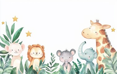 Watercolor safari animals illustration elephant zebra lion tiger rhinoceros