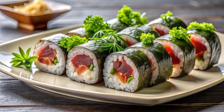 Freshly prepared Japanese-style tekka maki sushi roll filled with succulent tuna, wrapped in seaweed, and sliced into bite-sized pieces, served on a minimalist plate.