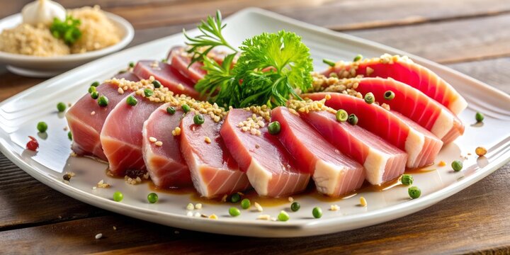 Freshly sliced albacore tuna sashimi arranged artfully on a white plate, garnished with thin slices of daikon and a sprinkle of toasted sesame seeds.