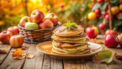 Una pila de esponjosos panqueques servidos con rodajas de manzana, decorada con hojas otoñales y una canasta de manzanas en el fondo.