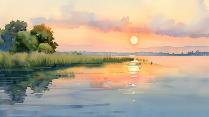 Golden Hour Serenity: A tranquil watercolor painting captures the ethereal beauty of a sunset over a serene lake.