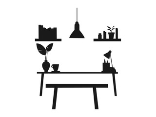office desk silhouette. modern home office with desk, and lamp, ideal for remote work and home business themes. good use for symbols, logos, icons, mascots, signs, or any design you want.