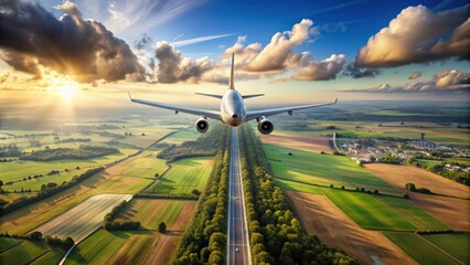 Fototapeta premium Aerial view of a plane flying along a clear path in the sky, plane, path, airplane, flight, flying, journey, travel