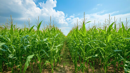 A corn farm with beautiful corn stalks, where the harvest will begin at the end of August and the start of September.