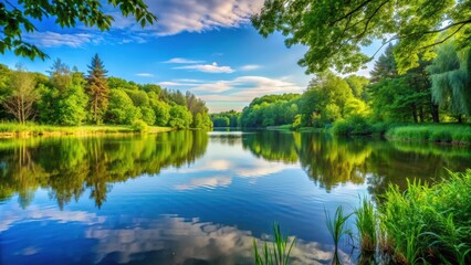 Obraz premium A serene background of a tranquil lake surrounded by lush greenery , nature, scenic, landscape, peaceful, serene, environment