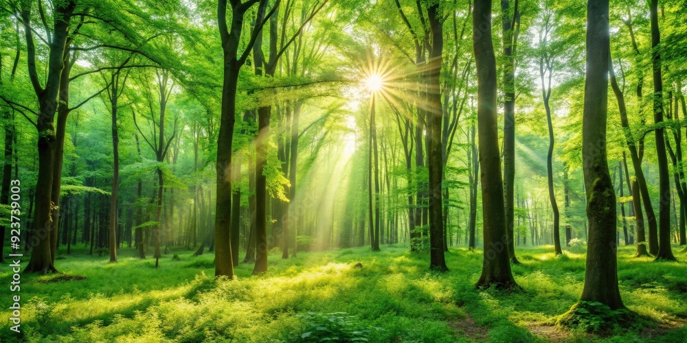 Poster a blurred natural background featuring a lush green forest with sunlight filtering through the trees