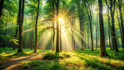 Fototapeta premium A peaceful forest background with sunlight filtering through the trees , nature, serene, tranquil, woods, trees, green