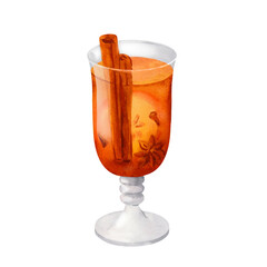 Mulled white wine made from rum, apples, cinnamon, star anise and cardamom spices watercolor isolated illustration. Hand-drawn autumn drink for winter or fall menu, Christmas and Thanksgiving.