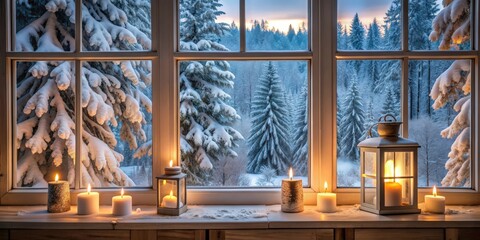 Burning candles and lantern on windowsill with winter forest view outside, candles, lantern, windowsill, winter forest, ambiance