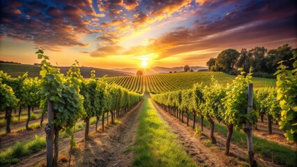 Fototapeta premium Vineyards grapevines sunset, Wine, grape harvest, agriculture, landscape, rural, farm, nature, dusk, evening