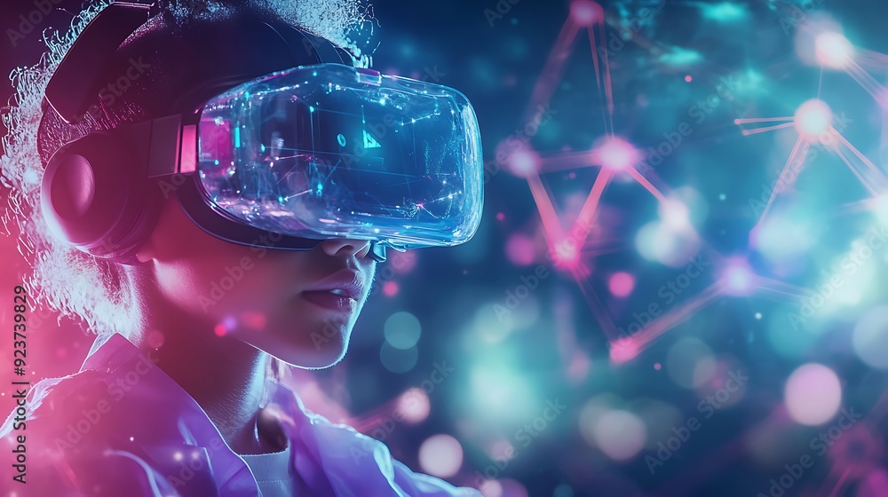 Poster high-tech virtual reality science lab with ai-enhanced research simulations and interactive experime